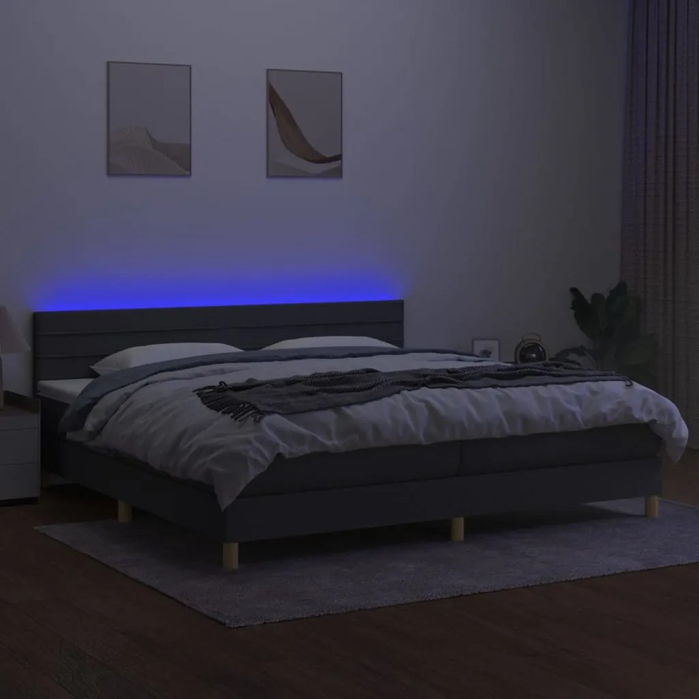 vidaXL Κρεβάτι Boxspring με Στρώμα & LED Σκ.Γκρι 200x200εκ. Υφασμάτινο