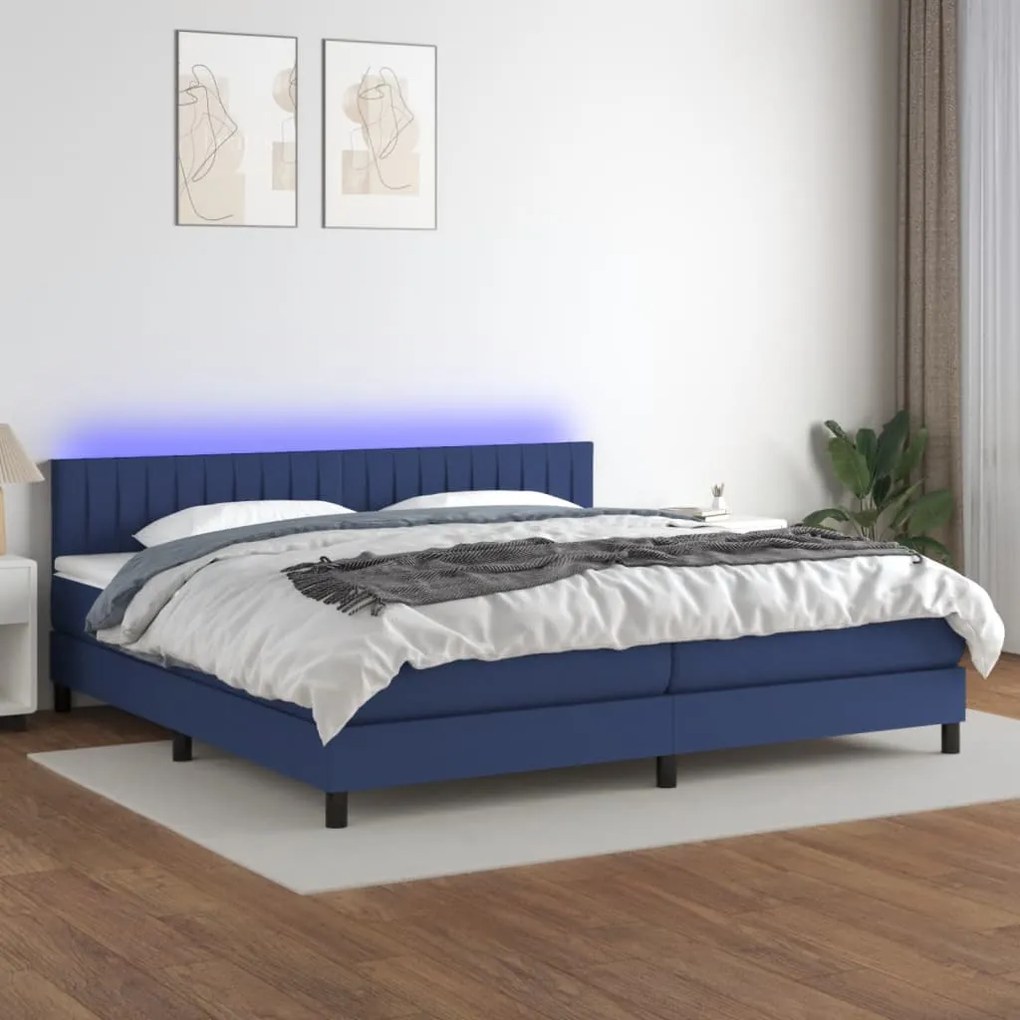 Κρεβάτι Boxspring με Στρώμα &amp; LED Μπλε 200x200 εκ. Υφασμάτινο