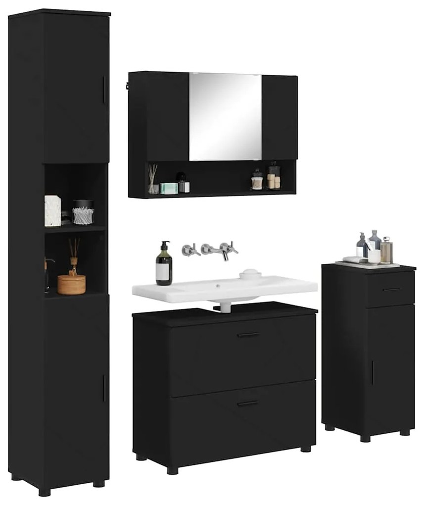 vidaXL Σετ Επίπλων Μπάνιου με συρτάρι με ράφι Επιτοίχιο 4 pcs Μαύρο