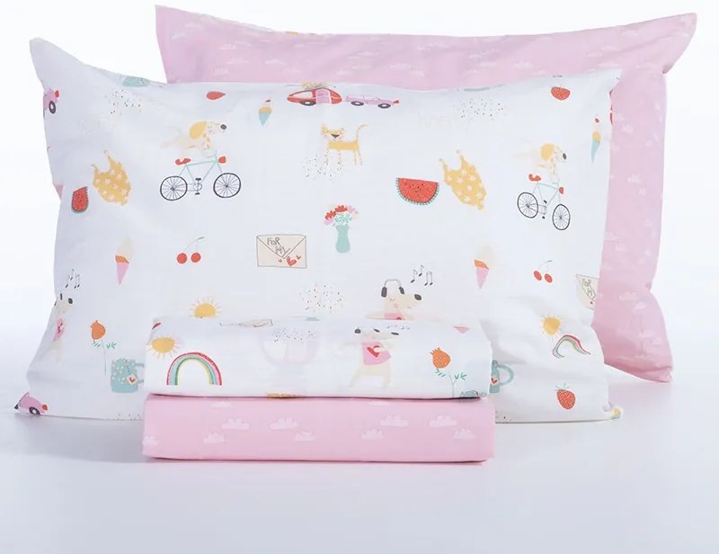 Σετ Σεντόνια Παιδικά 170X260 Happy Today White/Pink 5205495603605