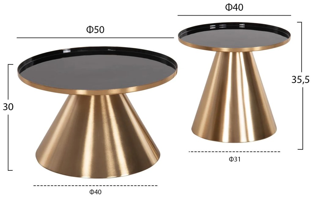 Τραπεζάκια σαλονιού LORME Σετ 2 τμχ Μέταλλο σε Χρυσό με Μαύρο Φ50 &amp; Φ40εκ.