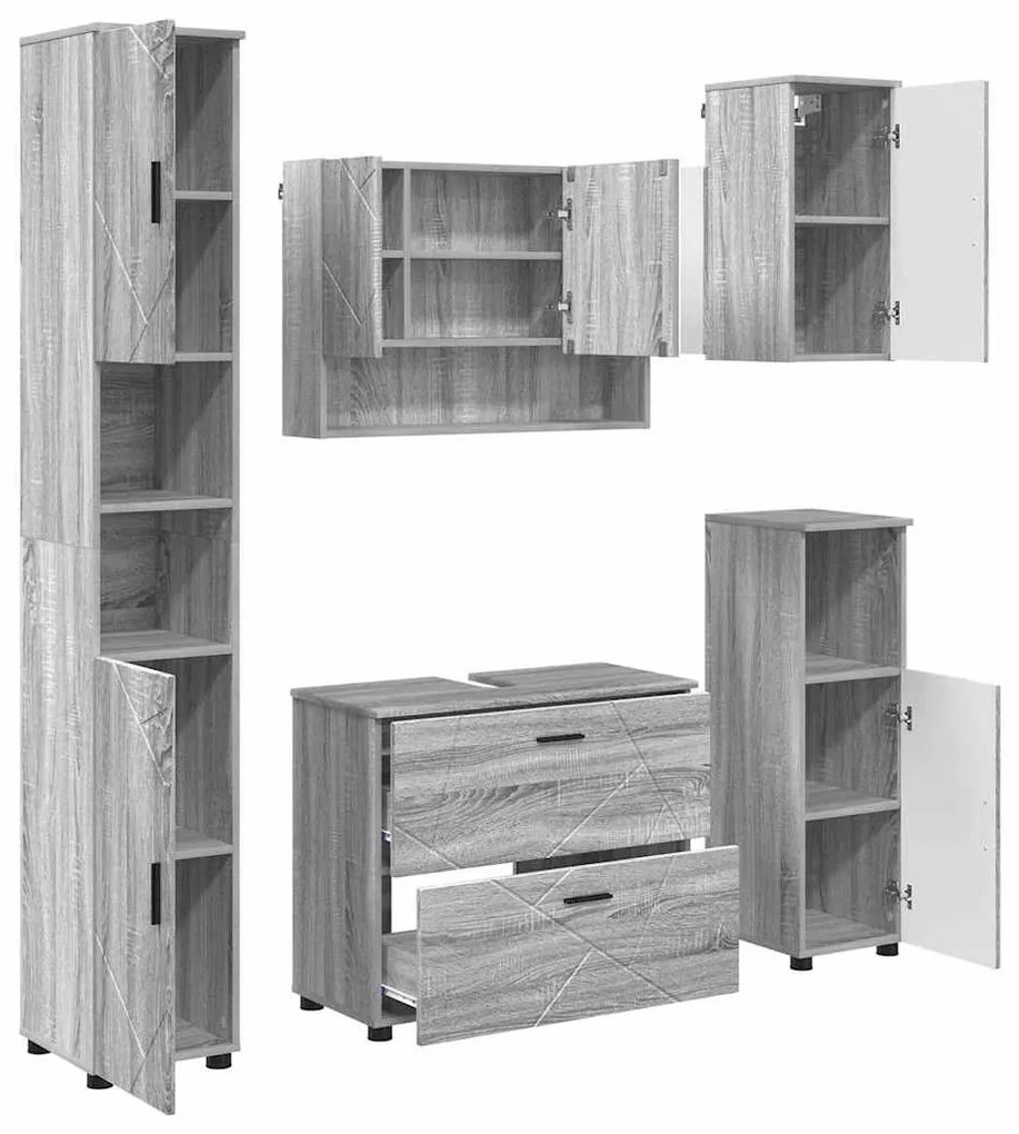 vidaXL Σετ Επίπλων Μπάνιου με ράφι 5 pcs Γκρι sonoma 30 x 35 x 192 εκ.