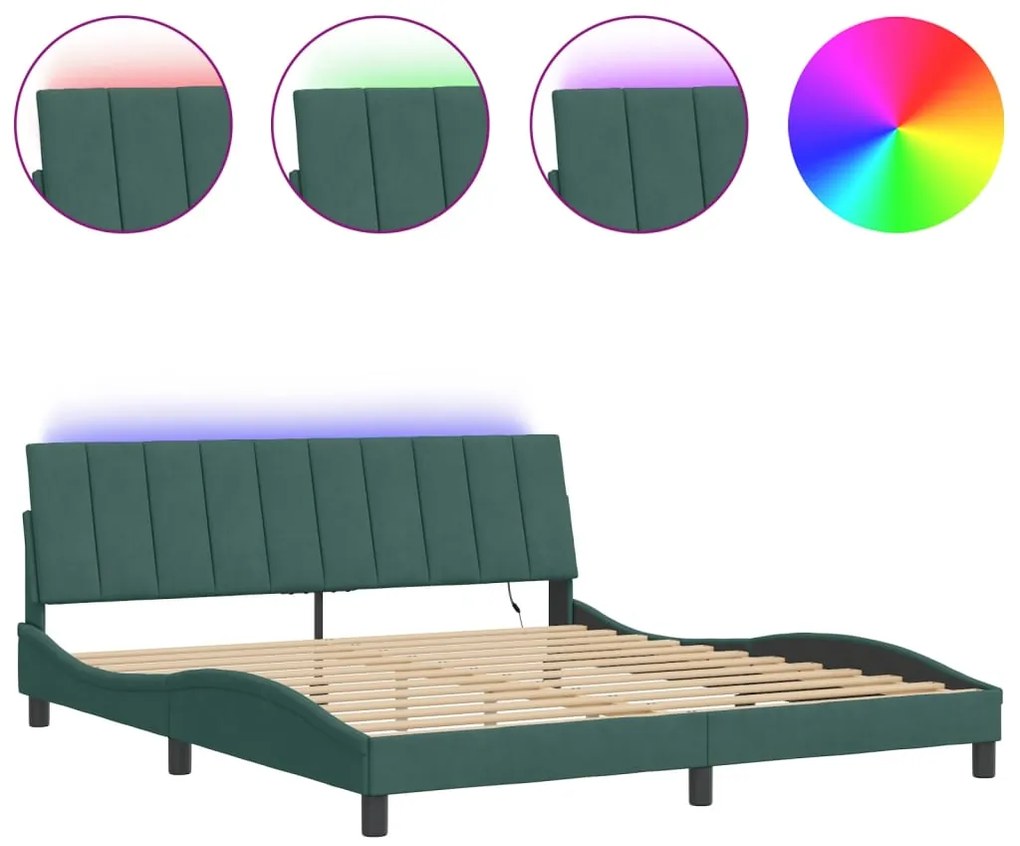 vidaXL Πλαίσιο Κρεβατιού με LED Σκούρο Πράσινο 180x200 εκ. Βελούδινο