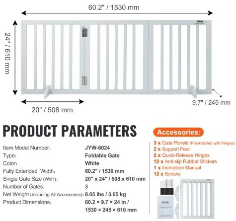 VEVOR Free Standing Dog Gate 24x60 inch Freestanding Pet Gate Foldable White