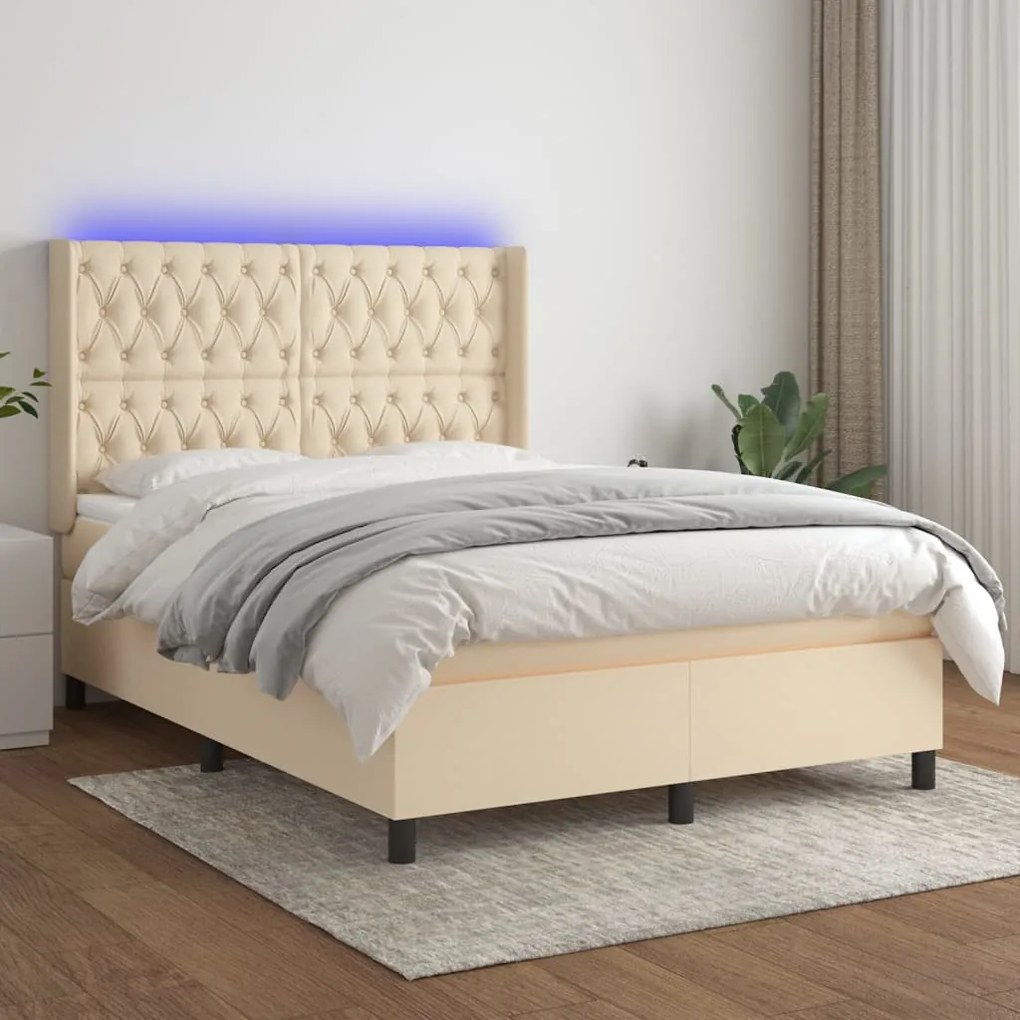 Κρεβάτι Boxspring με Στρώμα &amp; LED Κρεμ 140x190 εκ. Υφασμάτινο