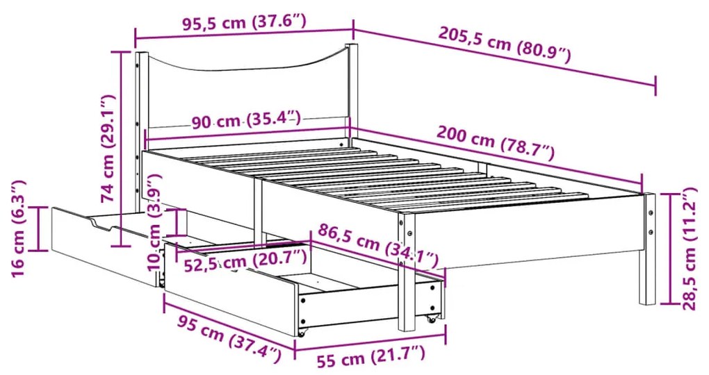 Πλαίσιο Κρεβατιού με Συρτάρια Καφέ 90x200 εκ. Μασίφ Ξύλο Πεύκου - Καφέ