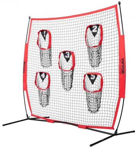 VEVOR 7 x 7 ft Football Trainer Throwing Net, Training Throwing Target Practice Net with 5 Target Pockets, Knotless Net Includes Bow Frame and Portable Carry Case, Improve QB Throwing Accuracy, Red