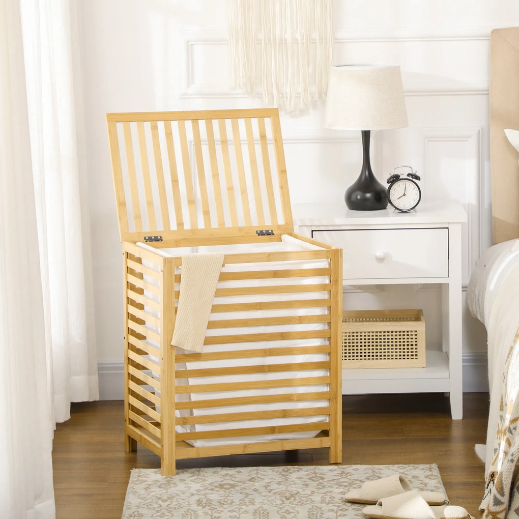 HOMCOM Καλάθι απλύτων από μπαμπού, αφαιρούμενη τσάντα πλυντηρίου, αδιάβροχο, Φυσικό + Μπεζ