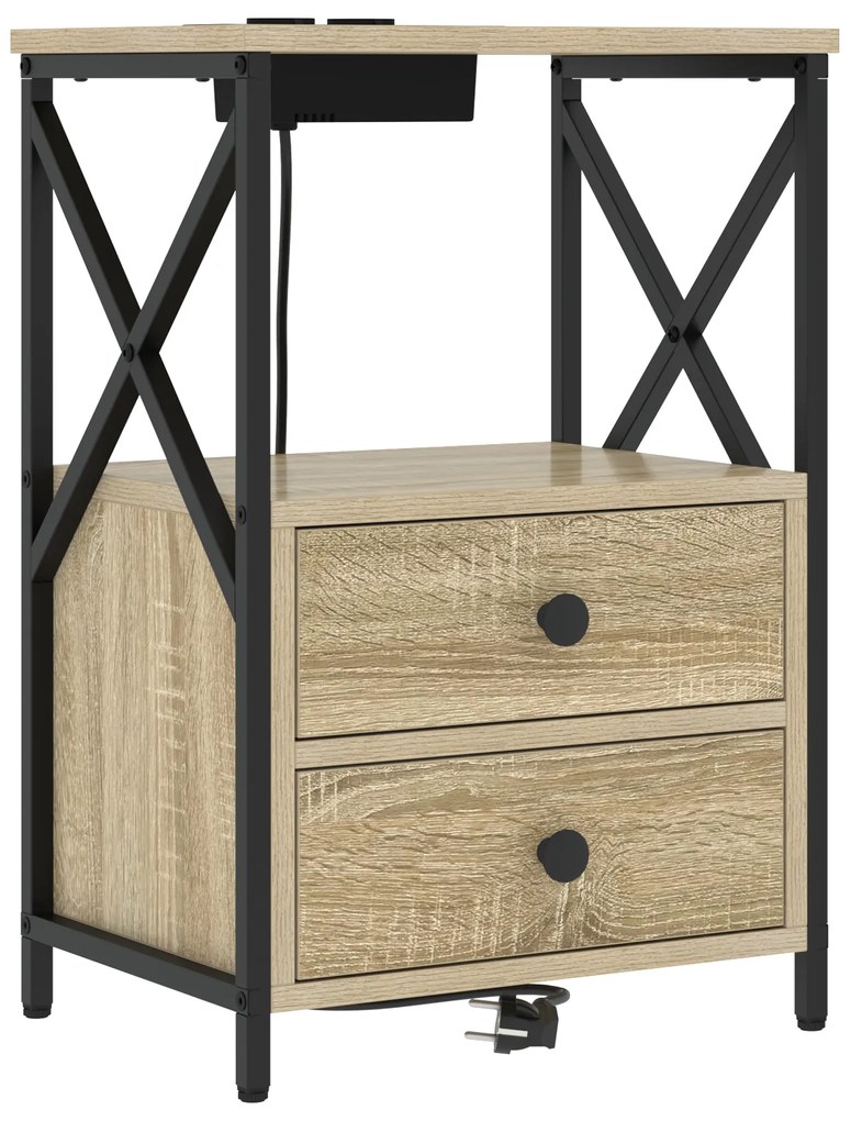 vidaXL Κομοδίνο με Σταθμό Φόρτισης με συρτάρι 2 pcs Sonoma Δρυς