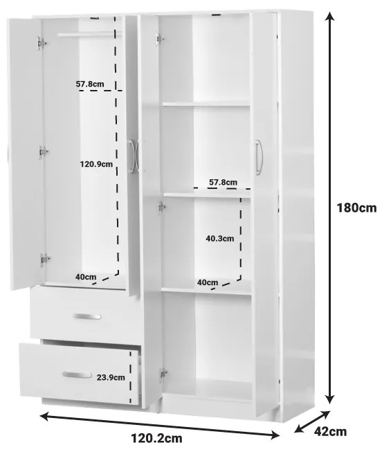 Ντουλάπα ρούχων τετράφυλλη Zelia pakoworld με 2 συρτάρια σε λευκή απόχρωση 120x42x180εκ - 249-000068