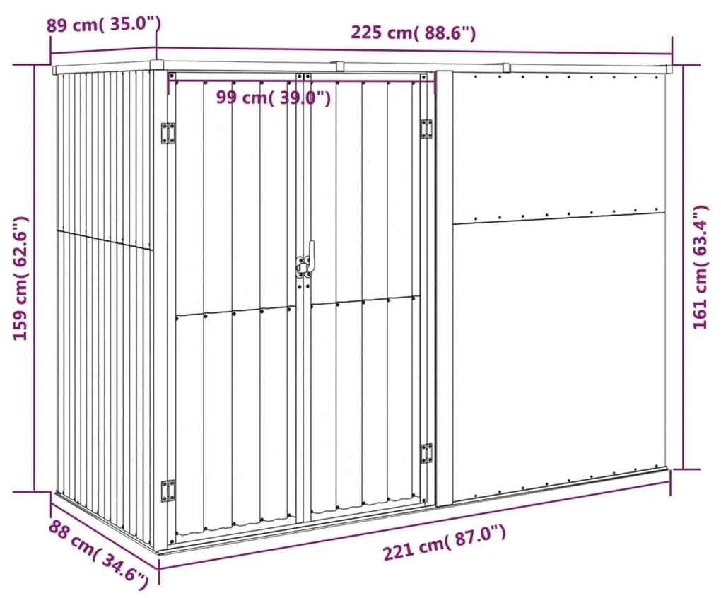 Αποθήκη Εργαλείων Κήπου Ανθρακί 225x89x161 εκ. Γαλβαν. Ατσάλι - Ανθρακί