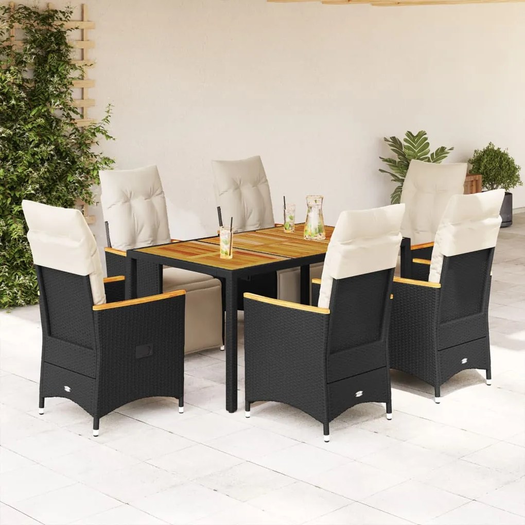 vidaXL Σετ Επίπλων Bistro Κήπου 7 τεμ Μαύρο Συνθετ. Ρατάν με Μαξιλάρια