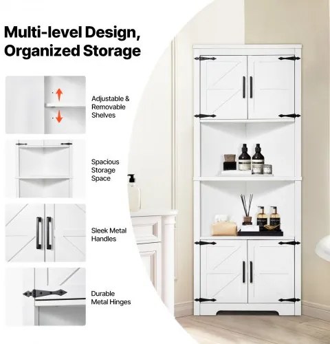 VEVOR 68&quot; Corner Storage Cabinet with 4 Wooden Doors &amp; Adjustable Shelves White