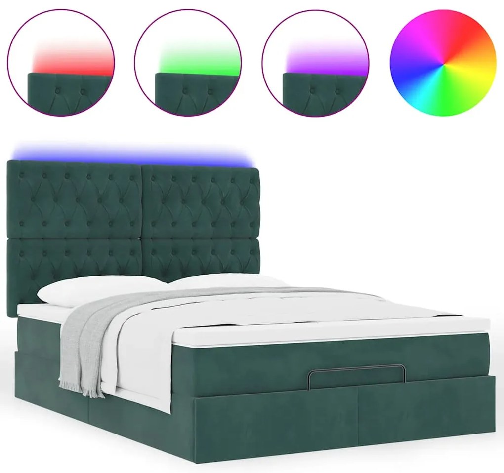 vidaXL Οθωμανικό κρεβάτι με στρώματα & LEDs Σκούρο πράσινο Βελούδο