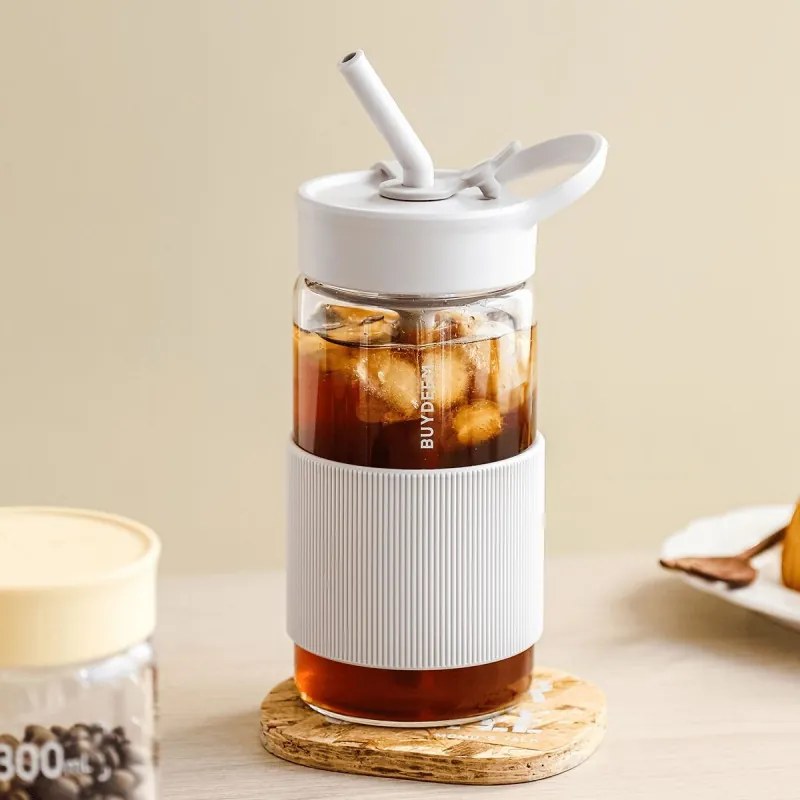 Buydeem CD1017-MY φορητό μπουκάλι ποτών, 500 ml, Ενσωματωμένο καλαμάκι, Αδιάβροχο, Ανθεκτικό στη θερμότητα γυαλί έως 150°C, Χωρίς BPA, Κίτρινο