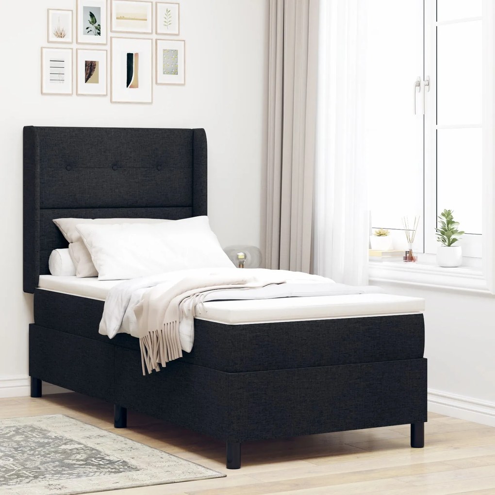 κρεβάτι Box Spring με στρώμα & LED μαύρο 90x200 εκ. υφάσματος