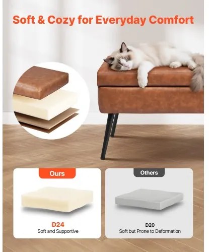 VEVOR PU Leather Storage Ottoman Bench Bench with Storage and Metal Legs Brown