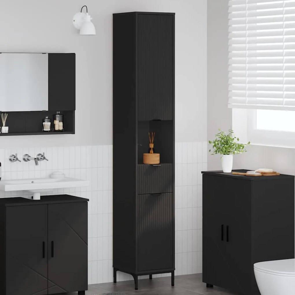 vidaXL Ψηλό ντουλάπι μπάνιου με συρτάρι Μαύρο 31.5 x 33 x 190 εκ.