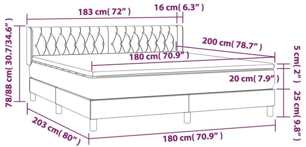 Κρεβάτι Boxspring με Στρώμα Σκούρο Γκρι 180x200 εκ. Βελούδινο - Γκρι