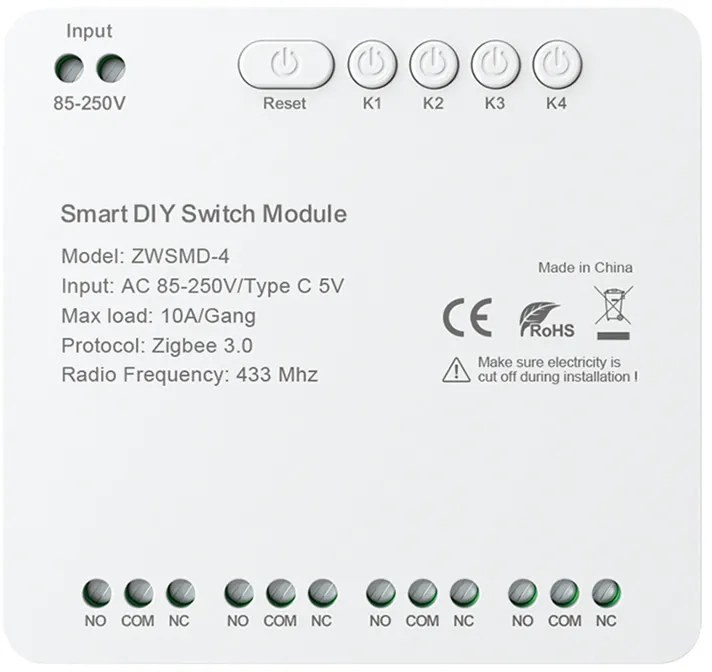 Μονάδα διακόπτη ZigBee 4 καναλιών με επαφή χωρίς τάση DC 32V Avatto ZWSMMD-4-250V