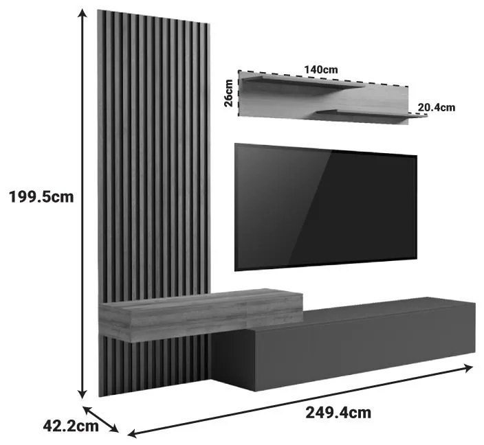 Σύνθετο σαλονιού Litende σε ανθρακί-oak απόχρωση 249.4x42.2x199.5εκ 249.4x42.2x199.5 εκ.