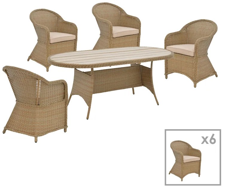 Tραπεζαρία Hadrian-Keir pakoworld σετ 7τεμ καφέ rattan-μπεζ textilene-καφέ αλουμίνιο 180x90x72εκ