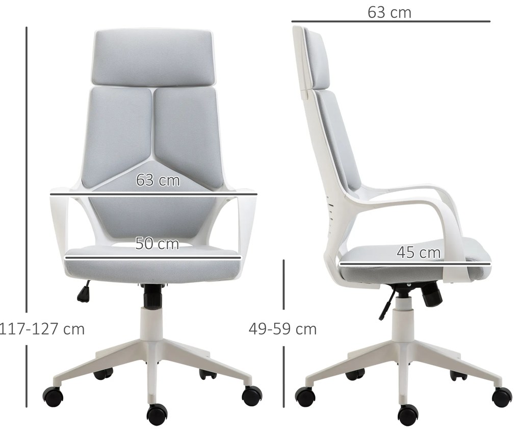 HOMCOM Εργονομική Καρέκλα Γραφείου, Διχτυωτό Ύφασμα, Ρυθμιζόμενο Ύψος, Περιστρεφόμενη, Καρέκλα Γραφείου με Ρόδες, Γκρι+Λευκό