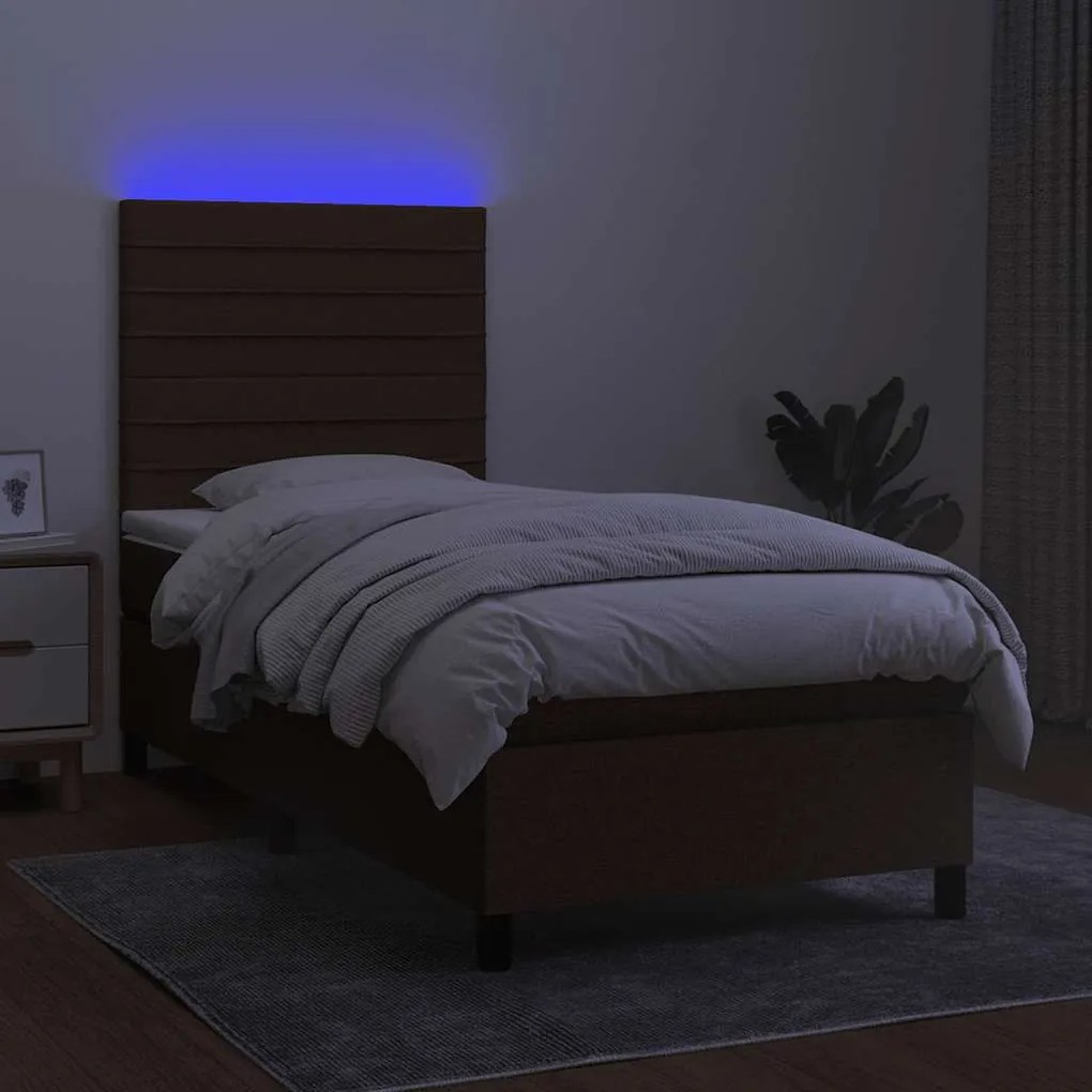 vidaXL Κρεβάτι Boxspring με Στρώμα & LED Σκ.Καφέ 90x200 εκ. Υφασμάτινο