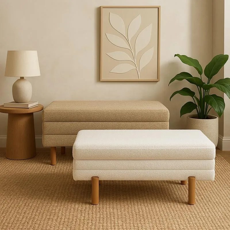 Σκαμπό μπαούλο Cindy Inart σετ 2 τεμ μπουκλέ ύφασμα σε μπεζ και λευκή απόχρωση 110x50x49 εκ.