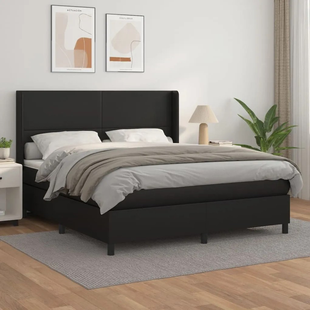 Κρεβάτι Boxspring με Στρώμα Μαύρο 180x200εκ.από Συνθετικό Δέρμα - Μαύρο