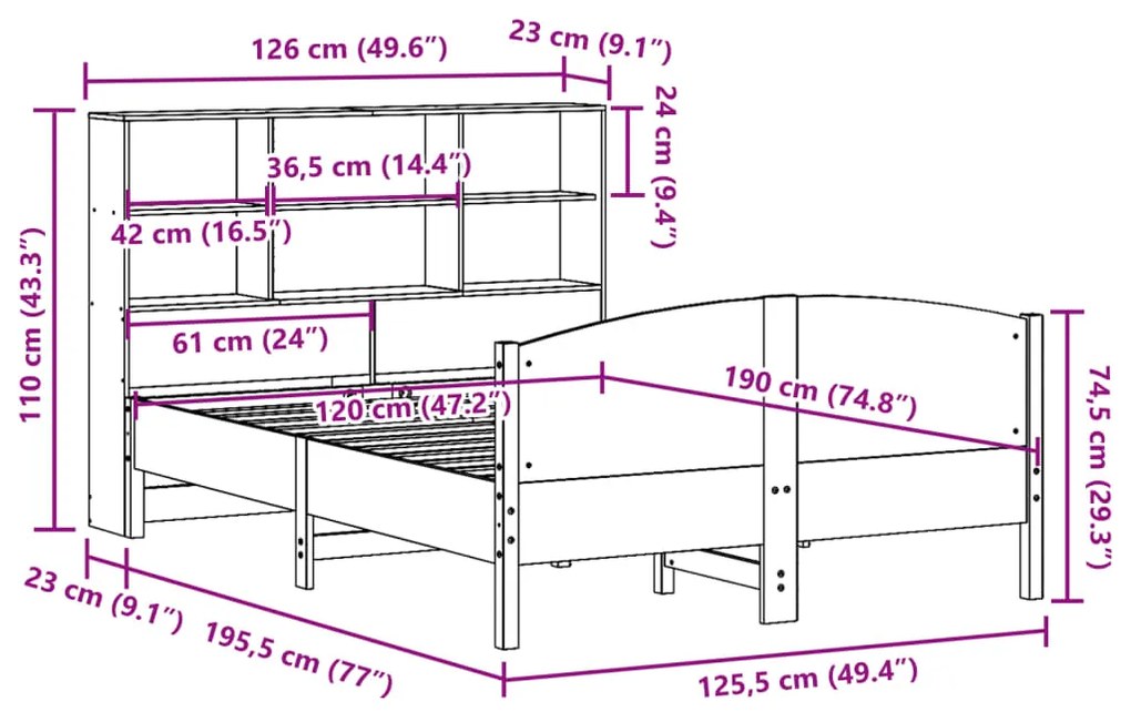 Κρεβάτι Βιβλιοθήκη Χωρίς Στρώμα 120x190 εκ Μασίφ Ξύλο Πεύκου - Καφέ
