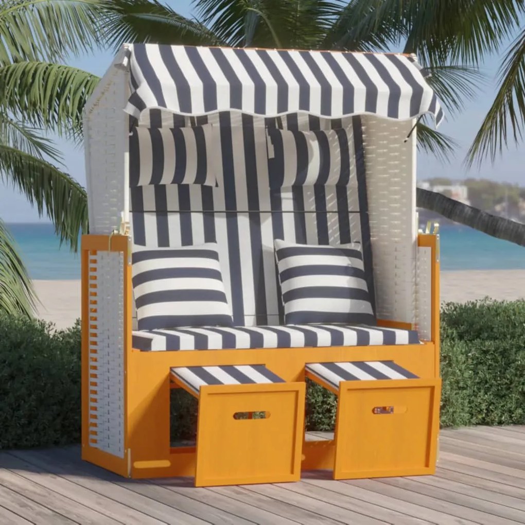 vidaXL Ξαπλώστρα Strandkorb Λευκό/Μπλε Συνθ. Ρατάν/Ξύλο με Μαξιλάρια