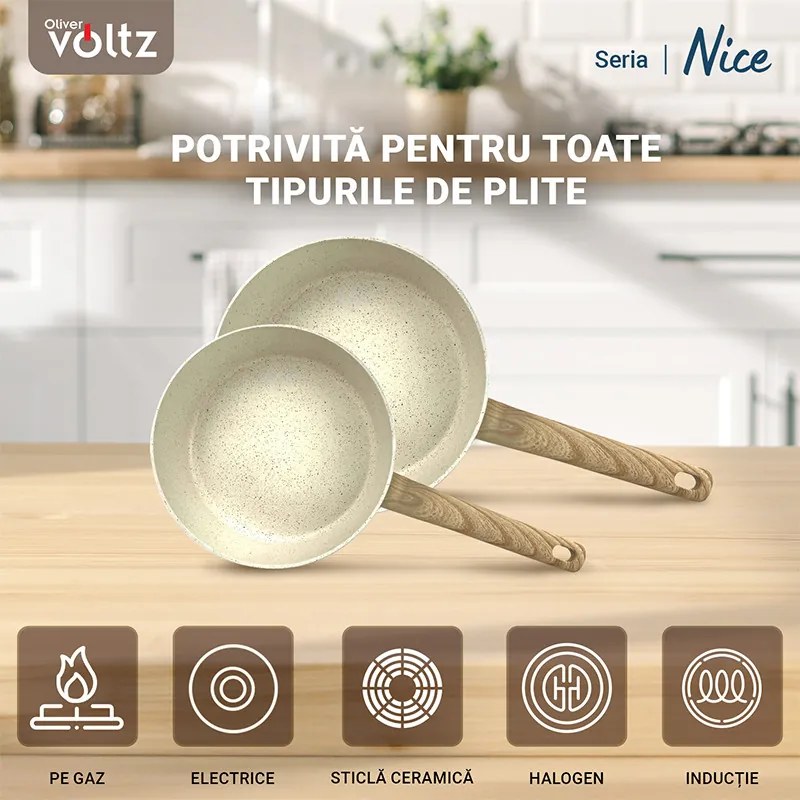 Βαθύ τηγάνι Voltz Nice OV54419E24D, 24x6.3 cm, Μαρμάρινο φινίρισμα, Επαγωγή, Κρέμα μελανζέ