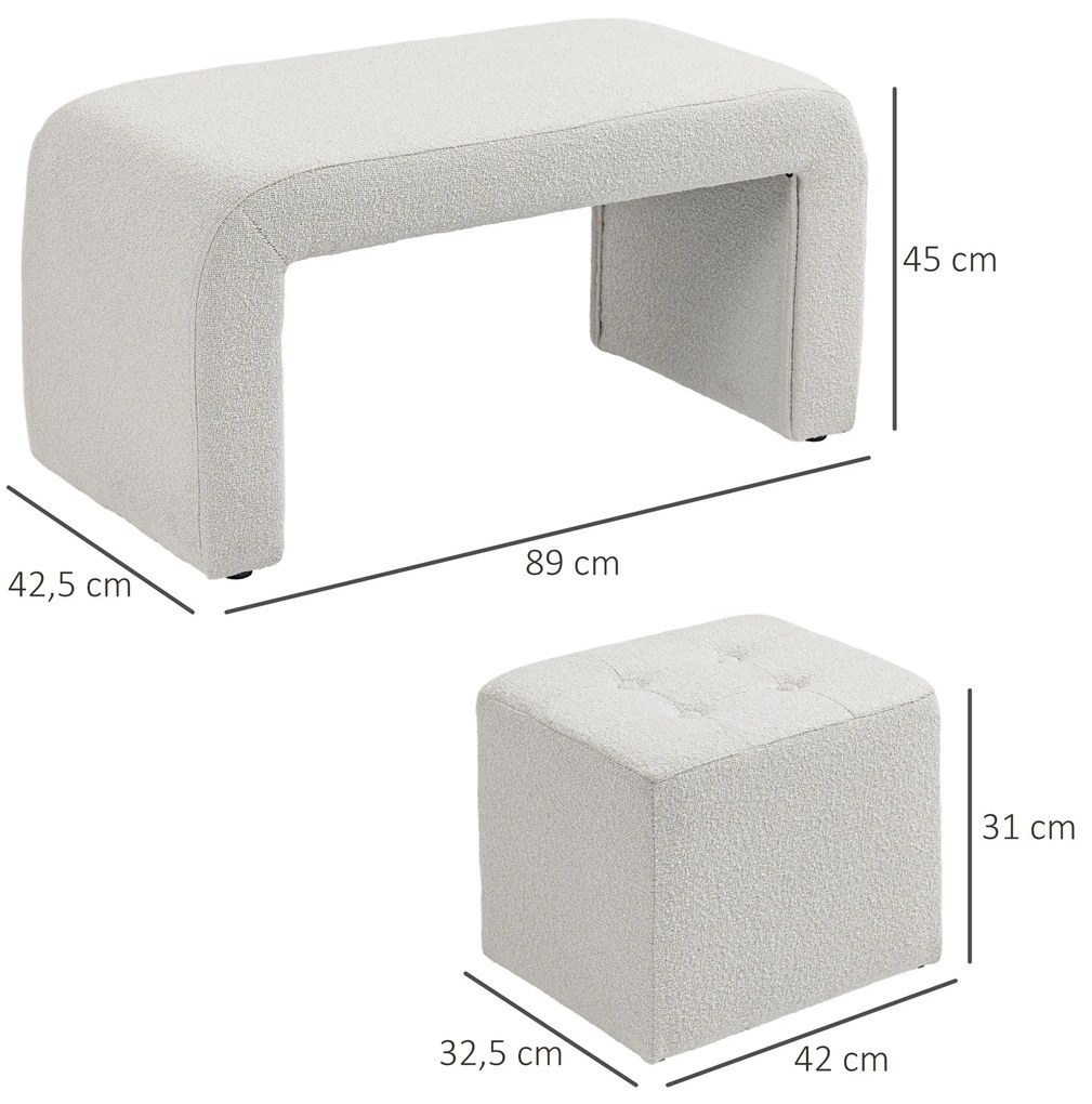 HOMCOM Σετ Σκαμπό Υποπόδιο 3 τεμαχίων, Κουμπωτό, 89 εκ. x 42,5 εκ. x 45 εκ., Κρεμ