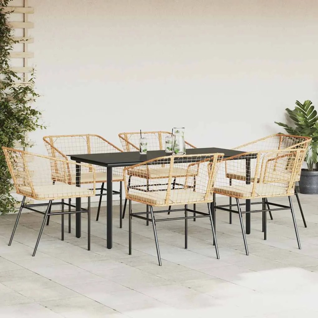 vidaXL Σετ Τραπεζαρίας Κήπου 7 τεμ. Καφέ Συνθ. Ρατάν / Γυαλί Μαξιλάρια