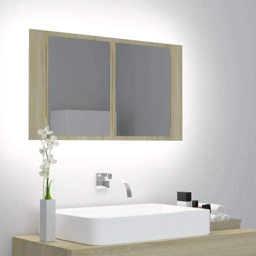 Ντουλάπι Μπάνιου με Καθρέφτη &amp; Φωτ. LED Sonoma Δρυς Ακρυλικός