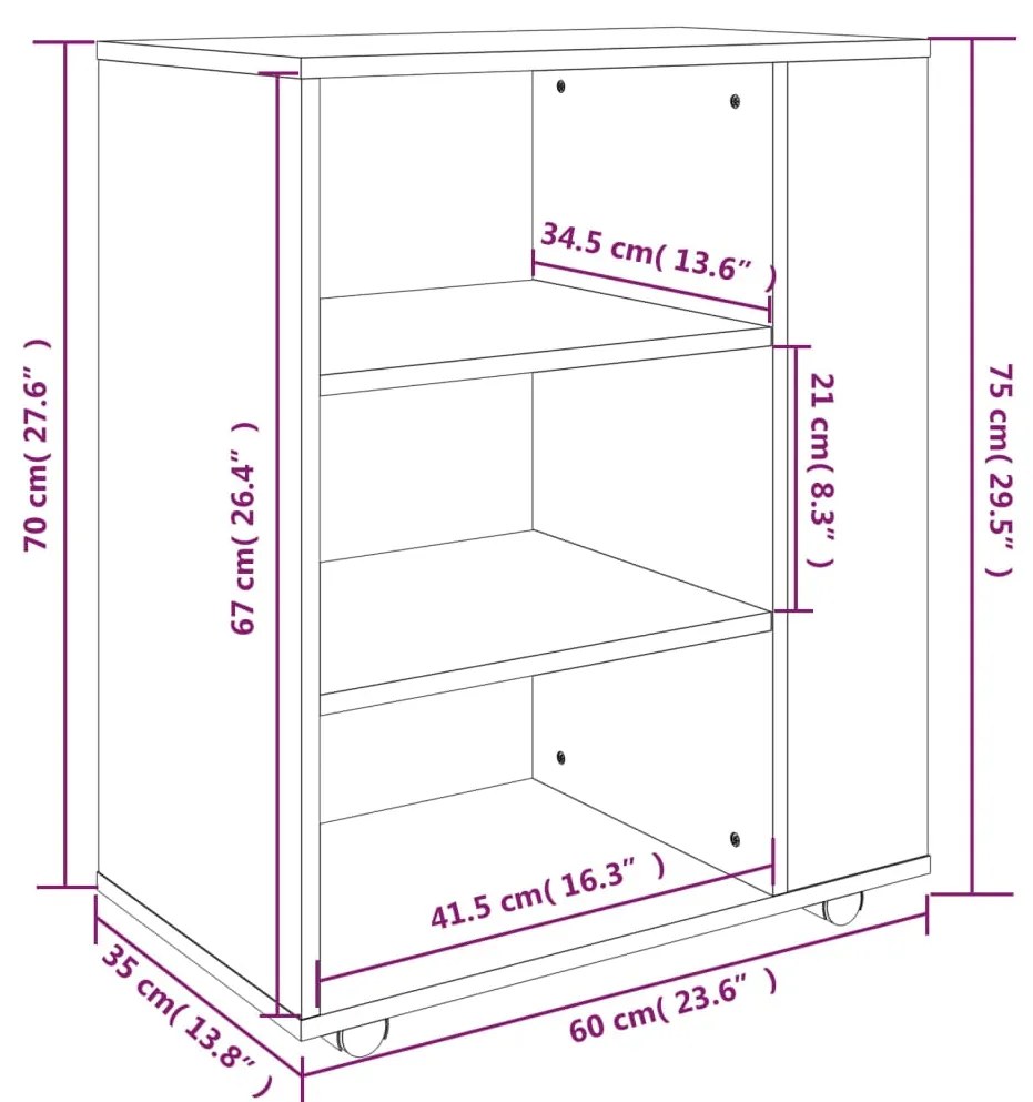 Ντουλάπι Με Ροδάκια Καφέ Δρυς 60 x 35 x 75 εκ. Επεξεργ. Ξύλο - Καφέ