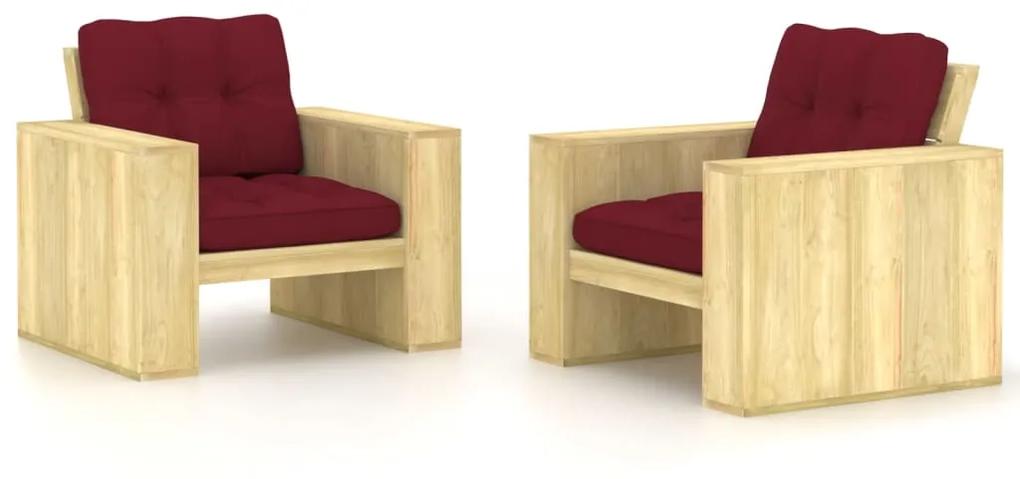 Καρέκλες Κήπου 2 τεμ. Εμποτ. Ξύλο Πεύκου &amp; Μπορντό Μαξιλάρια