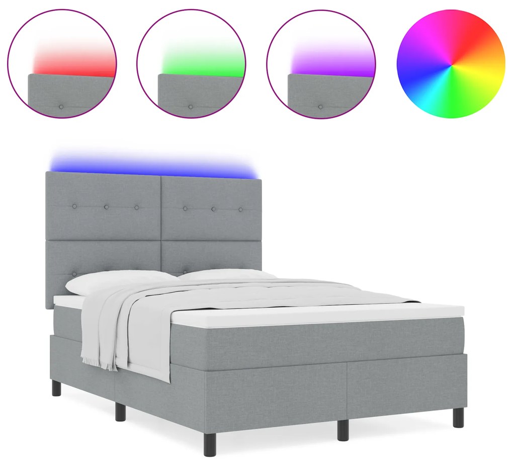 vidaXL Κρεβάτι Box Spring με Στρώμα & Φωτισμό LED σε Γκρι, 140 x 200 cm Υφασμάτινο