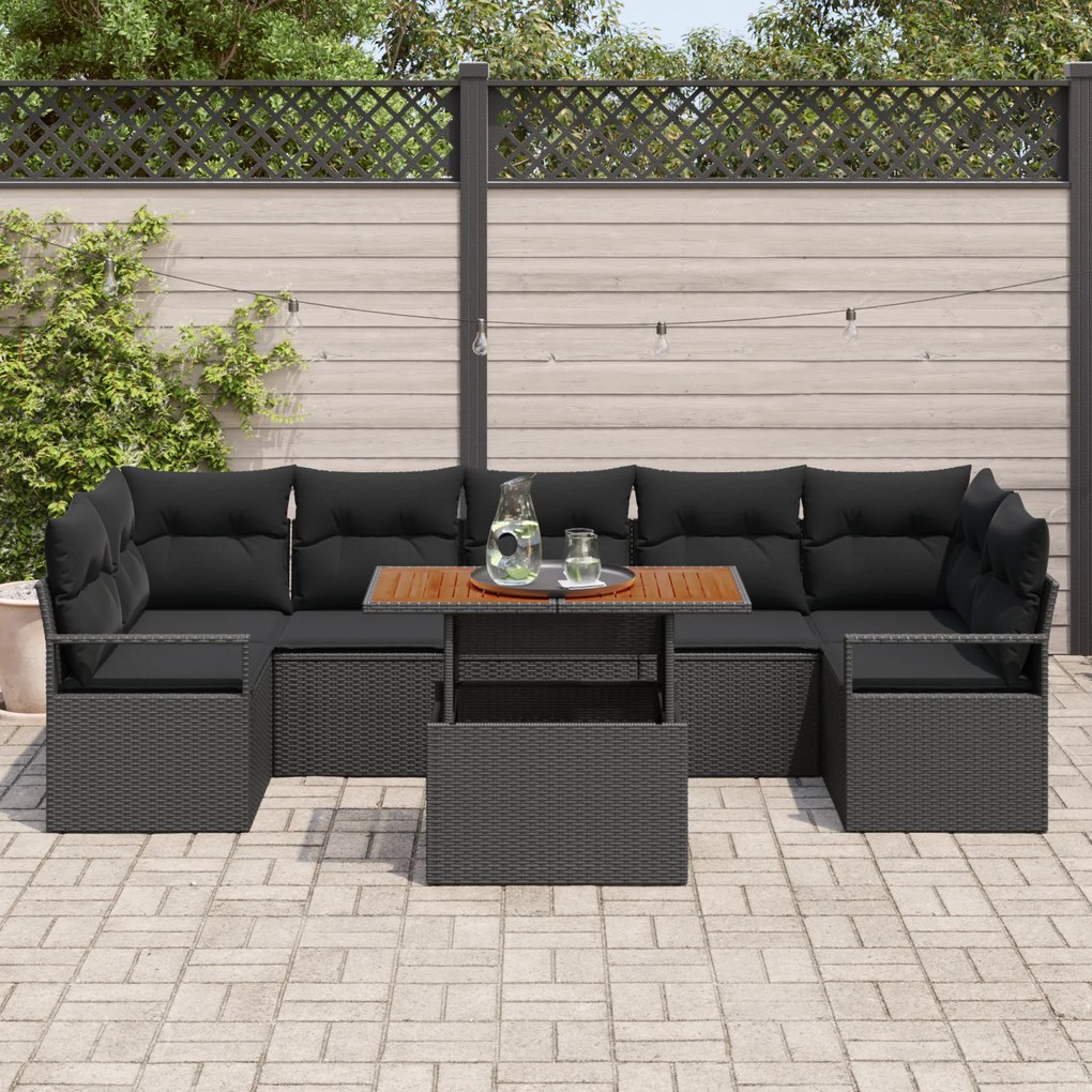 vidaXL Σετ Καναπέ Εξωτερικού Χώρου 8 pcs Μαύρο Μεγάλο Ρατάν και Υφάσμα