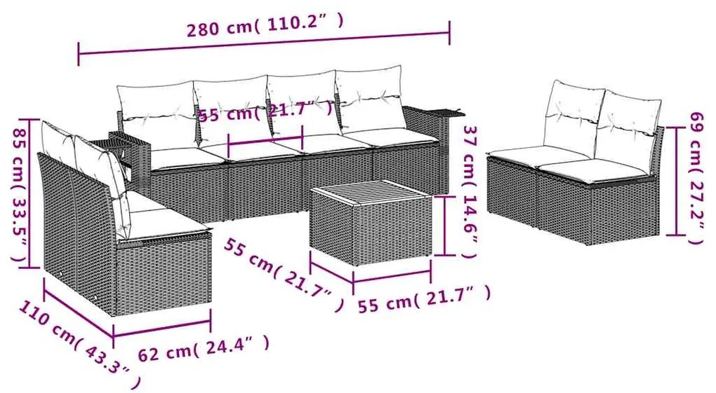 vidaXL Σετ Καναπέ Κήπου 9 τεμ. Μικτό Μπεζ Συνθ. Ρατάν με Μαξιλάρια