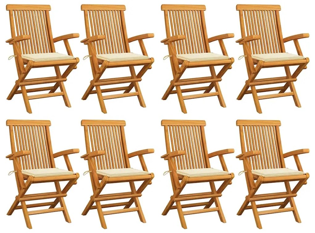 vidaXL Καρέκλες Κήπου 8 τεμ. από Μασίφ Ξύλο Teak με Κρεμ Μαξιλάρια