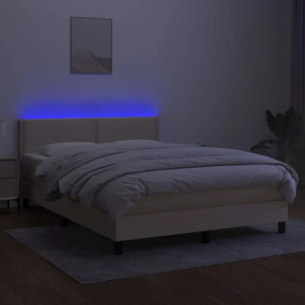 Κρεβάτι Boxspring με Στρώμα &amp; LED Κρεμ 140x200 εκ. Υφασμάτινο - Κρεμ