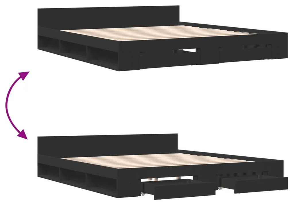 vidaXL Πλαίσιο Κρεβατιού με Συρτάρια Μαύρο 180x200 εκ Επεξεργ. Ξύλο