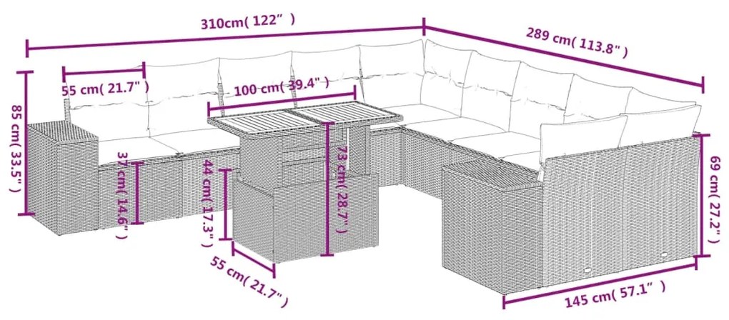 vidaXL Σαλόνι Κήπου 11 Τεμαχίων Γκρι από Συνθετικό Ρατάν με Μαξιλάρια