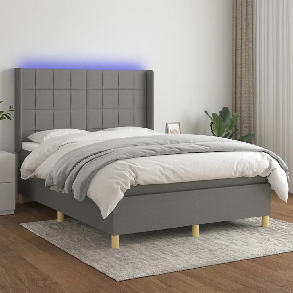 vidaXL Κρεβάτι Boxspring με Στρώμα &amp; LED Σκ.Γκρι 140x200 εκ Υφασμάτινο