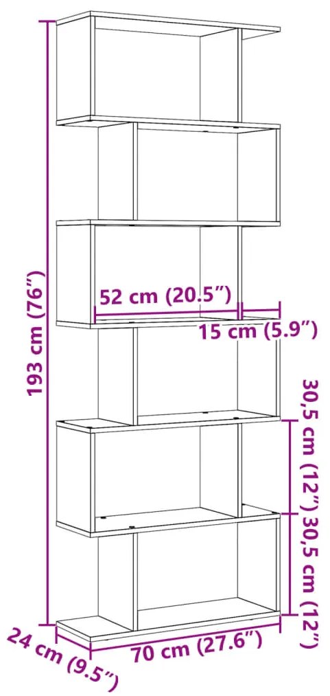 Βιβλιοθήκη/Διαχωριστικό Χώρου 6 Επ. Μαύρο 70x24x193εκ. Επ. Ξύλο - Μαύρο