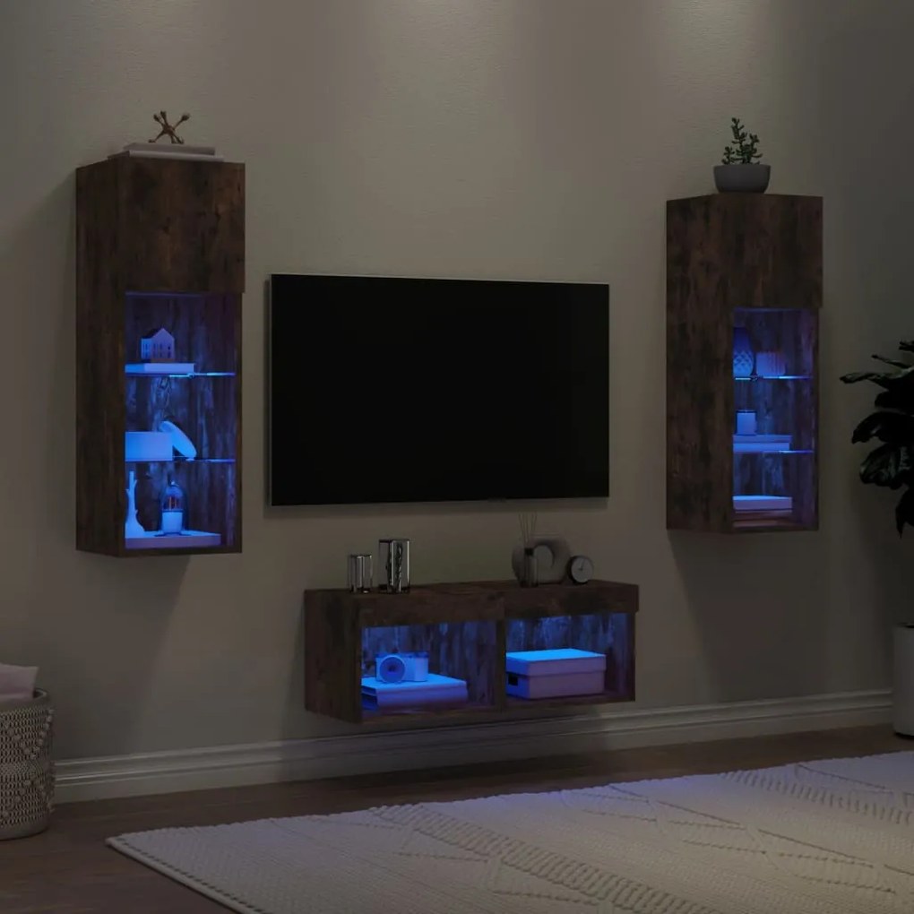 vidaXL Ντουλάπια Τηλεόρασης Τοίχου 4 Τεμ. με Φώτα LED Καπνιστή Δρυς