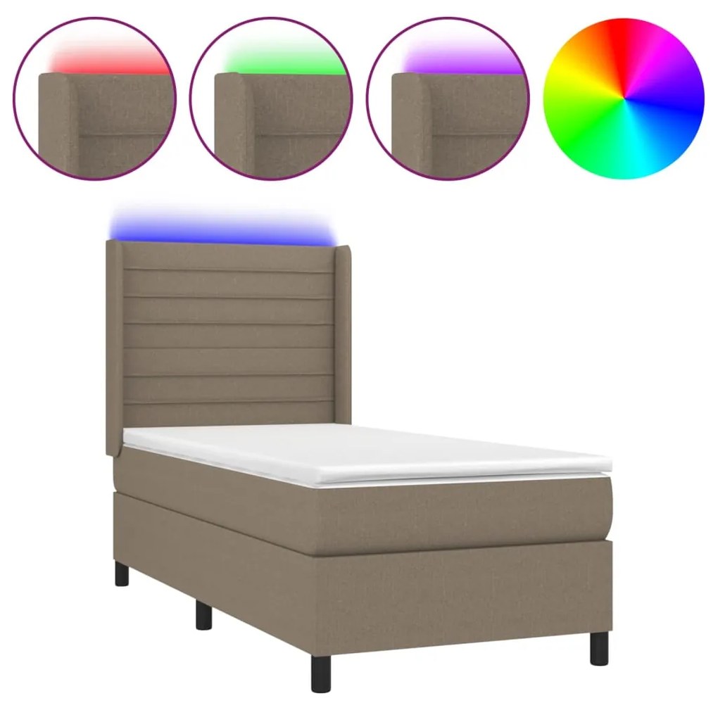 vidaXL Κρεβάτι Boxspring με Στρώμα & LED Taupe 90x200 εκ. Υφασμάτινο