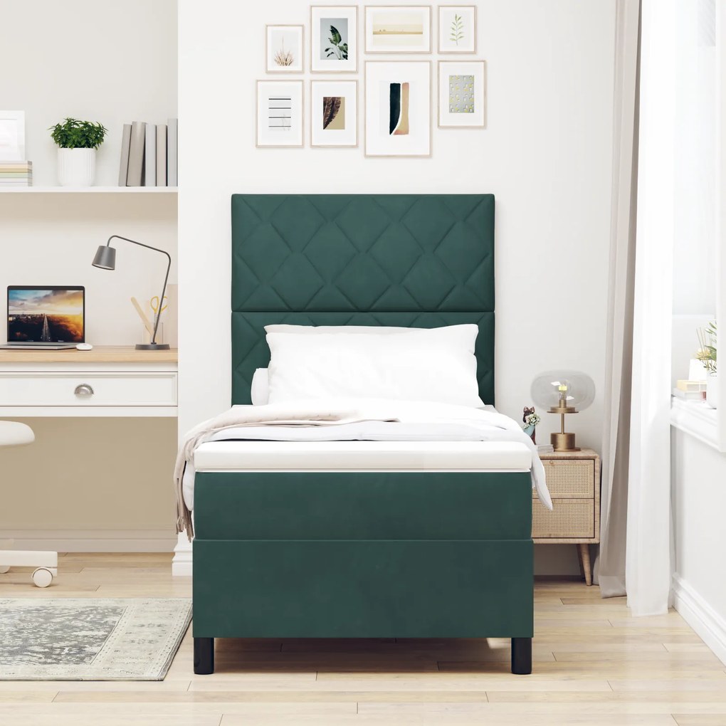 vidaXL κρεβάτι box spring με στρώμα & LED σκούρο πράσινο 90x190 εκ. βελούδινο